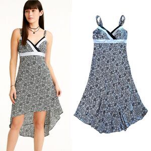 Y2K Alyn Paige NY Black White Floral Sleeveless Hi Low Satin Dress Size 7/ 8